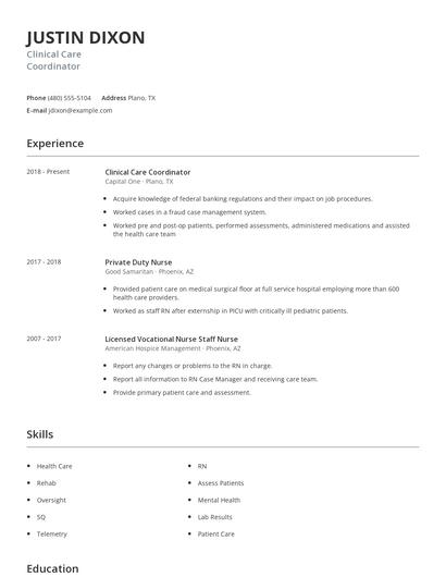 Clinical Care Coordinator Resume