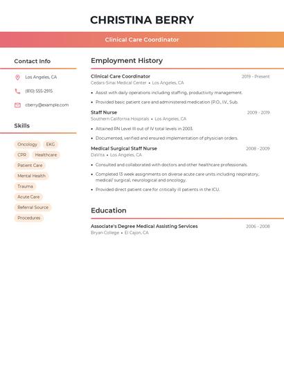 Clinical Care Coordinator Resume
