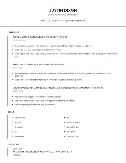 Clinical Care Coordinator Resume