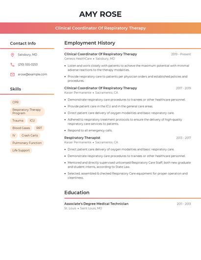 Clinical Coordinator Of Respiratory Therapy Resume