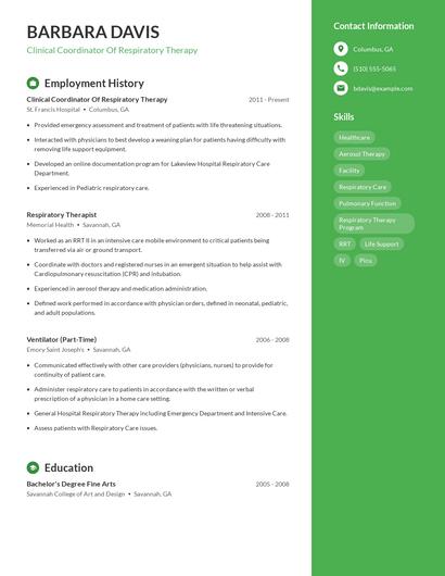 Clinical Coordinator Of Respiratory Therapy Resume
