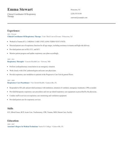 Clinical Coordinator Of Respiratory Therapy Resume