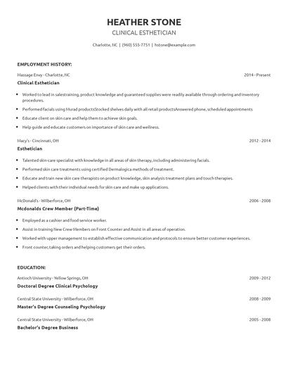 Clinical Esthetician Resume