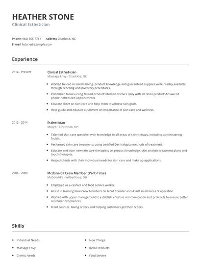 Clinical Esthetician Resume