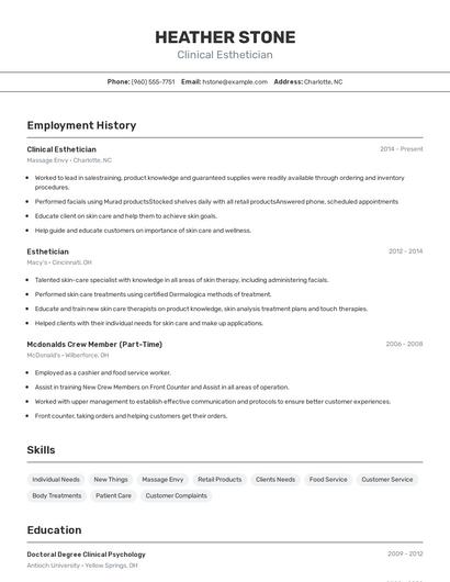 Clinical Esthetician Resume