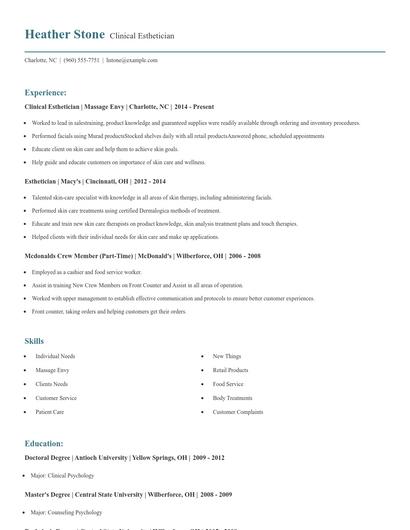 Clinical Esthetician Resume