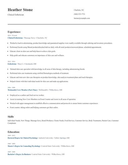 Clinical Esthetician Resume