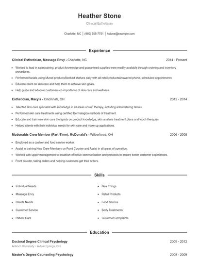 Clinical Esthetician Resume