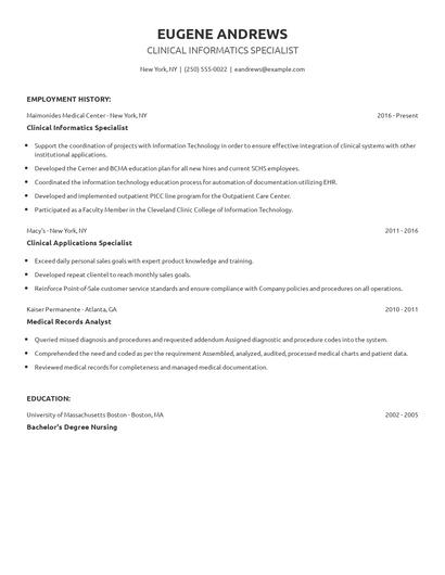 Clinical Informatics Specialist Resume