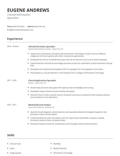 Clinical Informatics Specialist Resume