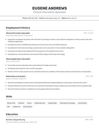 Clinical Informatics Specialist Resume