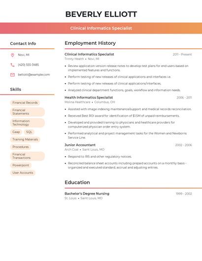 Clinical Informatics Specialist Resume