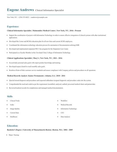 Clinical Informatics Specialist Resume