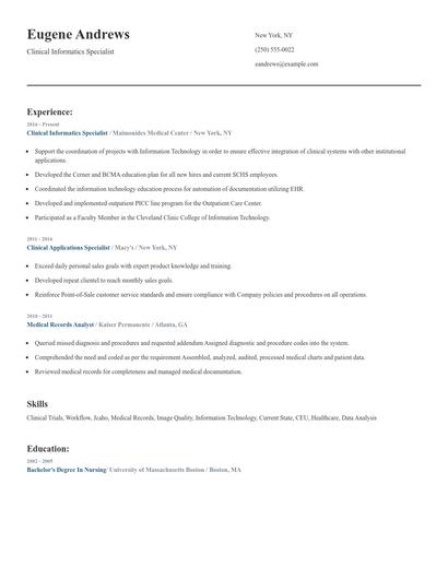 Clinical Informatics Specialist Resume