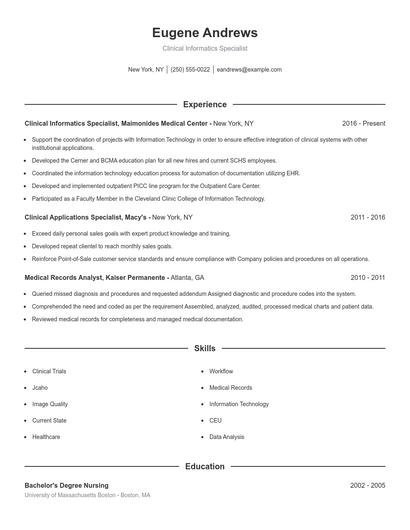 Clinical Informatics Specialist Resume