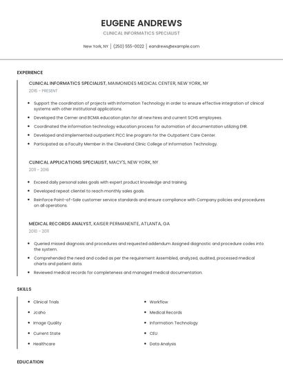 Clinical Informatics Specialist Resume