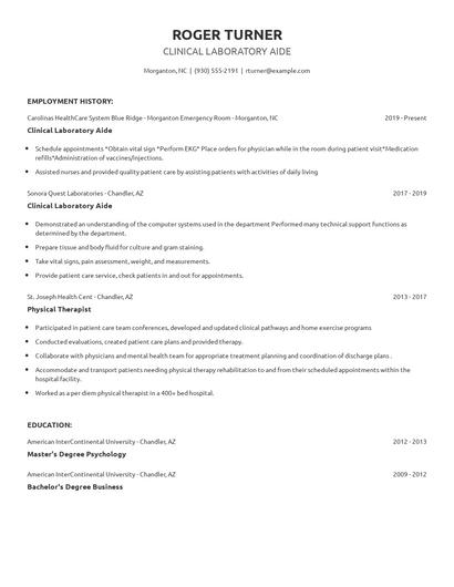 Clinical Laboratory Aide Resume