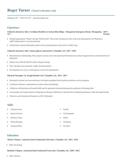 Clinical Laboratory Aide Resume
