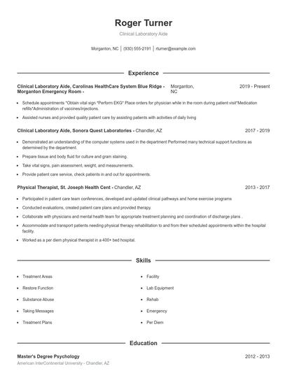 Clinical Laboratory Aide Resume