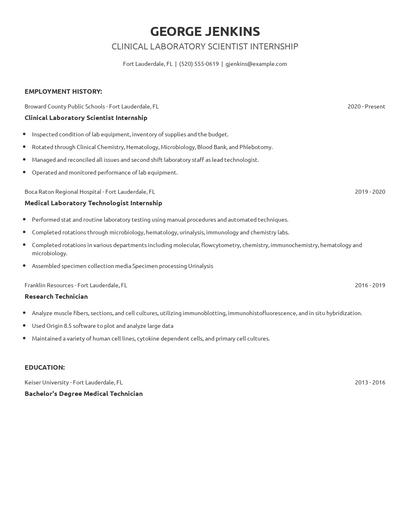 Clinical Laboratory Scientist Internship Resume