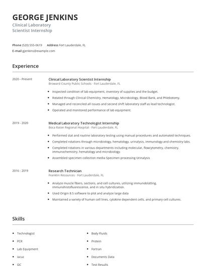 Clinical Laboratory Scientist Internship Resume