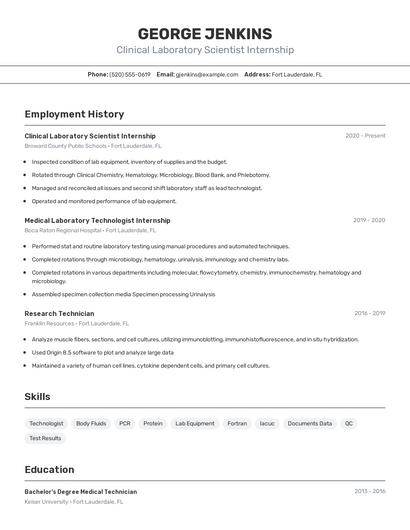 Clinical Laboratory Scientist Internship Resume