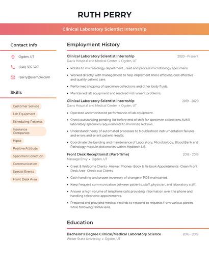 Clinical Laboratory Scientist Internship Resume