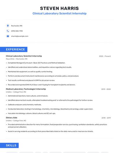 Clinical Laboratory Scientist Internship Resume
