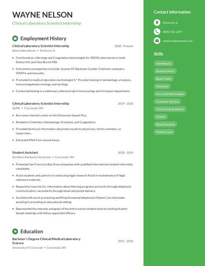 Clinical Laboratory Scientist Internship Resume