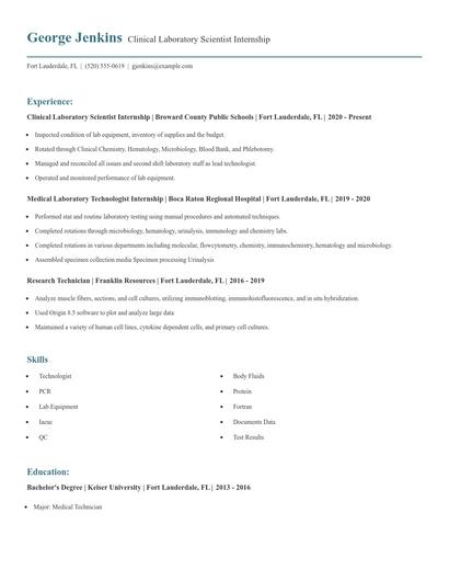 Clinical Laboratory Scientist Internship Resume