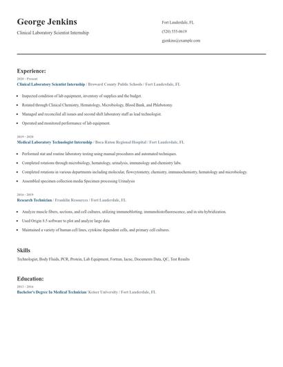 Clinical Laboratory Scientist Internship Resume