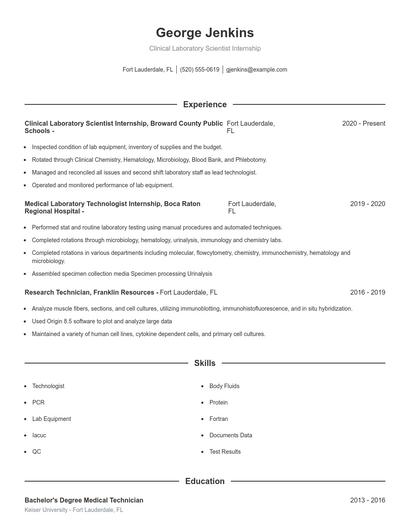 Clinical Laboratory Scientist Internship Resume