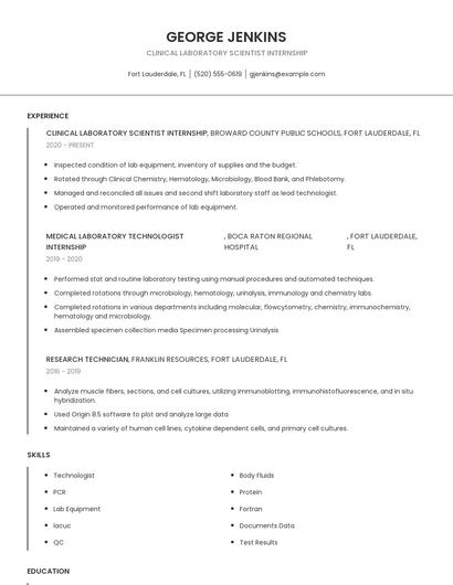 Clinical Laboratory Scientist Internship Resume