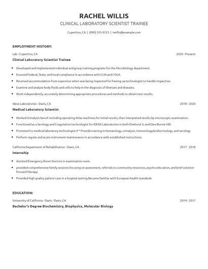 Clinical Laboratory Scientist Trainee Resume