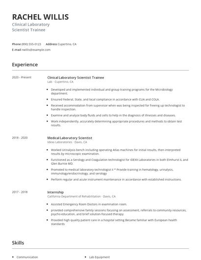 Clinical Laboratory Scientist Trainee Resume