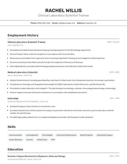 Clinical Laboratory Scientist Trainee Resume