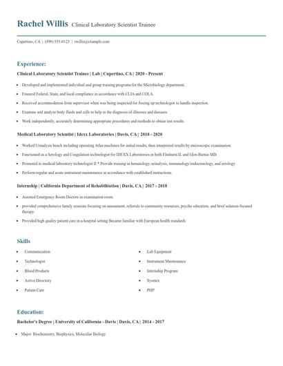 Clinical Laboratory Scientist Trainee Resume