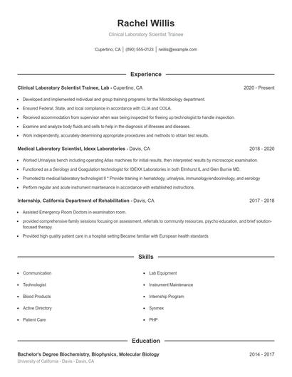 Clinical Laboratory Scientist Trainee Resume