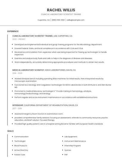 Clinical Laboratory Scientist Trainee Resume