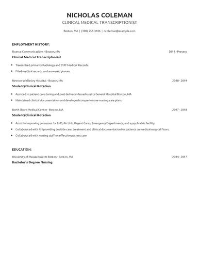 Clinical Medical Transcriptionist Resume