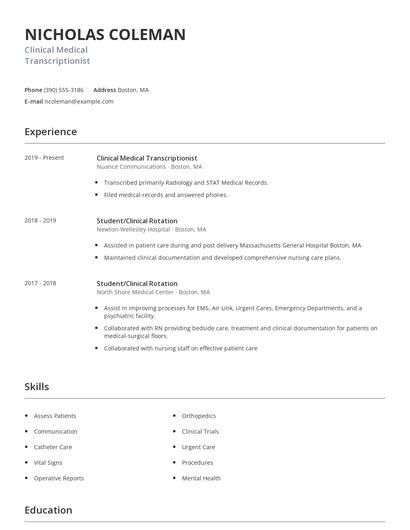 Clinical Medical Transcriptionist Resume