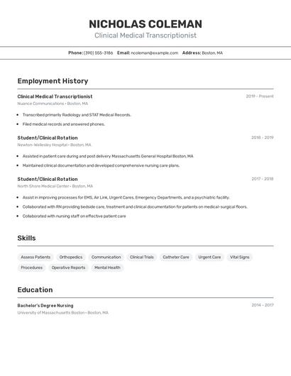 Clinical Medical Transcriptionist Resume