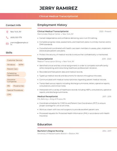 Clinical Medical Transcriptionist Resume