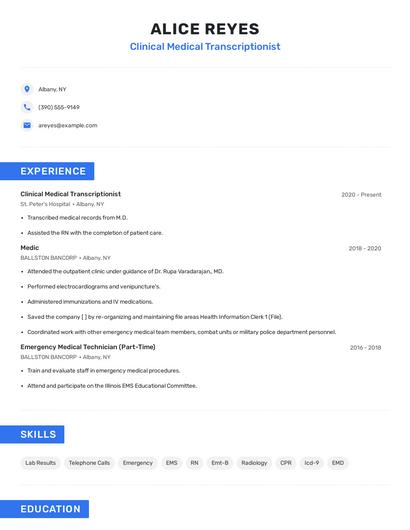 Clinical Medical Transcriptionist Resume