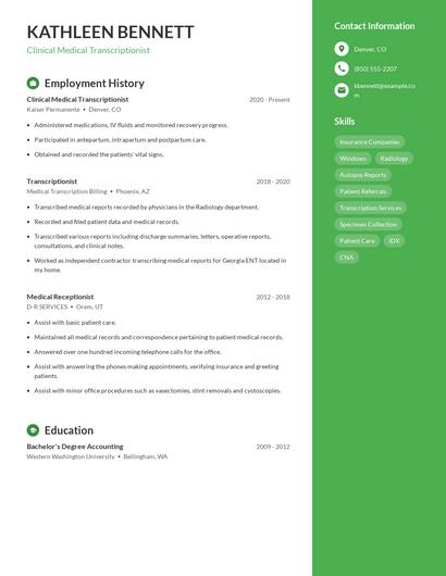 Clinical Medical Transcriptionist Resume
