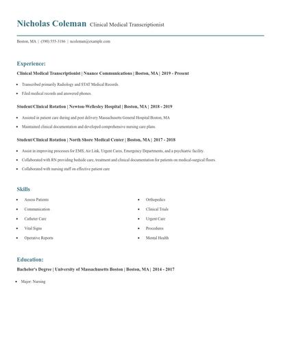 Clinical Medical Transcriptionist Resume