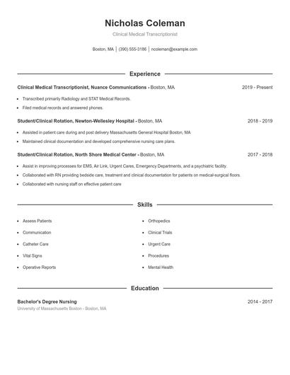 Clinical Medical Transcriptionist Resume