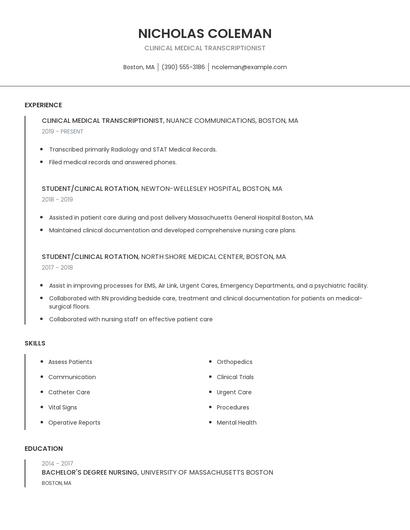 Clinical Medical Transcriptionist Resume