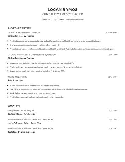 Clinical Psychology Teacher Resume