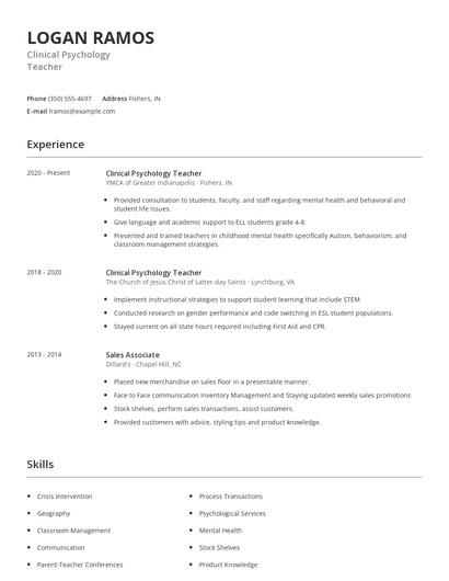 Clinical Psychology Teacher Resume